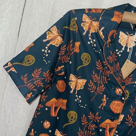 THEIR NIBS S-XL Dark Blue Orange Autumn Cotton Short Sleeve Crop Pants PJ Set - Picture 5 of 16